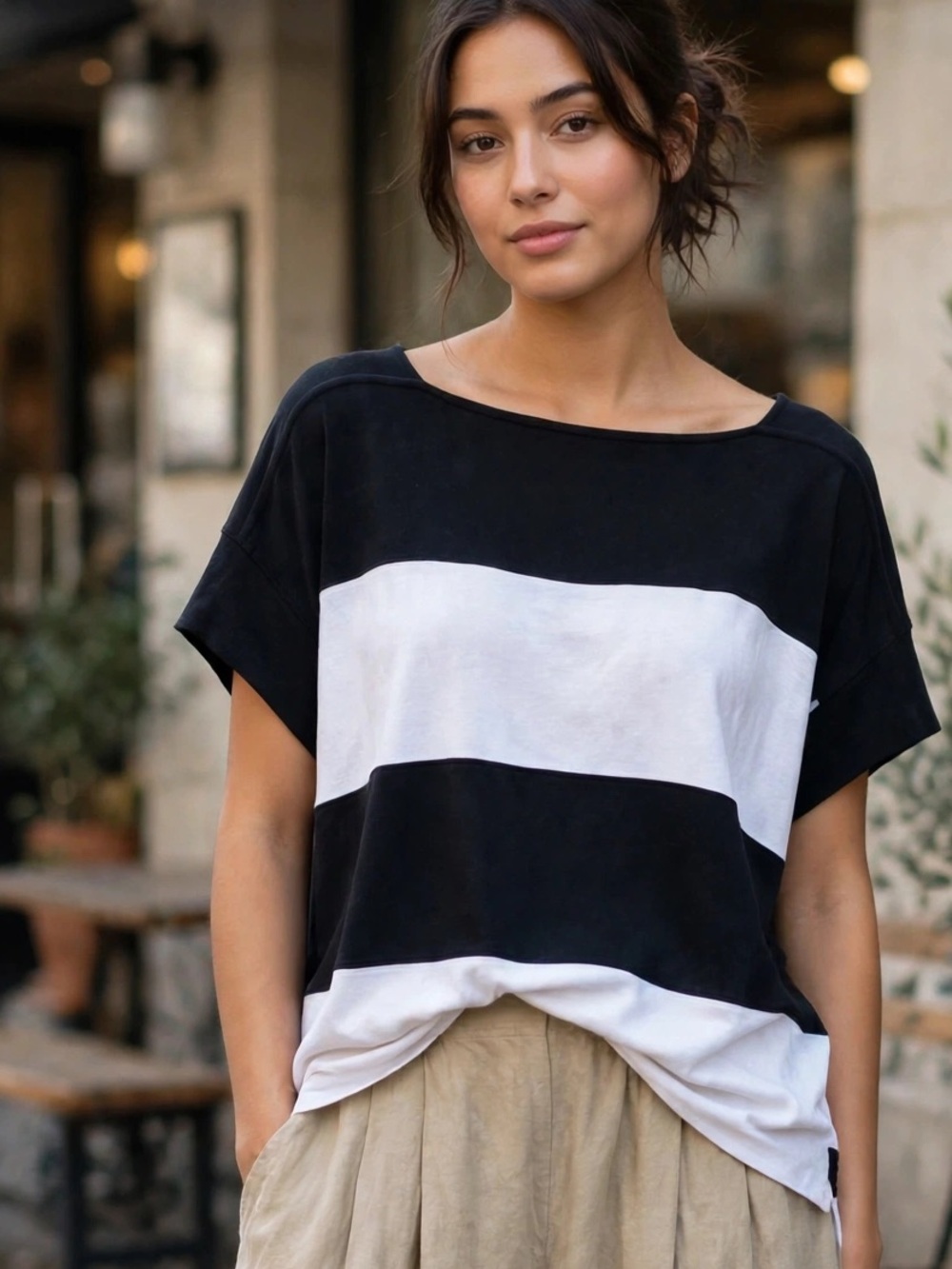 Banana Republic XL Black White Rugby Stripe Boxy Tunic Boat Neck Short Sleeve